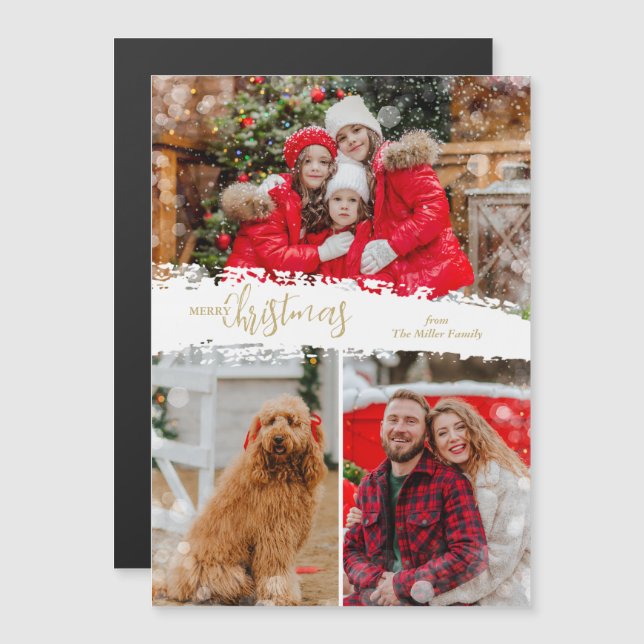 Carte Magnétique Merry Christmas 3 Photo Collage Magnetic Card (Devant / Derrière)
