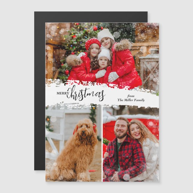 Carte Magnétique Merry Christmas 3 Photo Magnetic Holiday Card (Devant / Derrière)