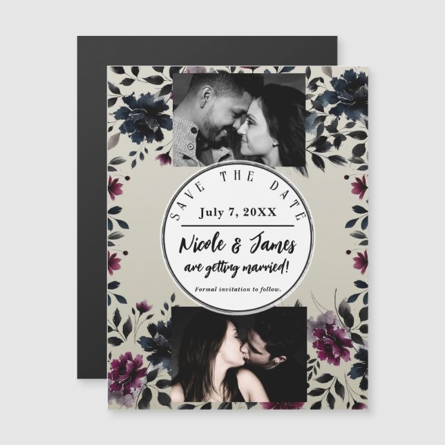 Carte Magnétique Midnight Blue Bourgogne Inky Floral Almond Mariage (Devant / Derrière)