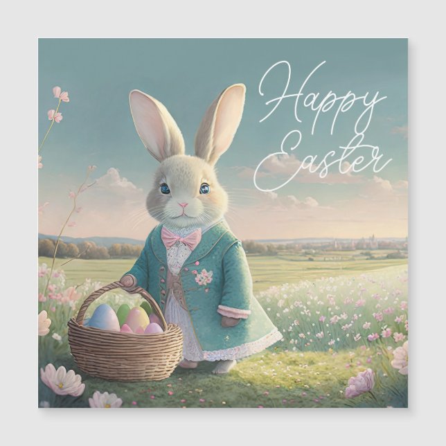 Carte Magnétique Mignonne lapin de Pâques en petite veste bleue (Devant)
