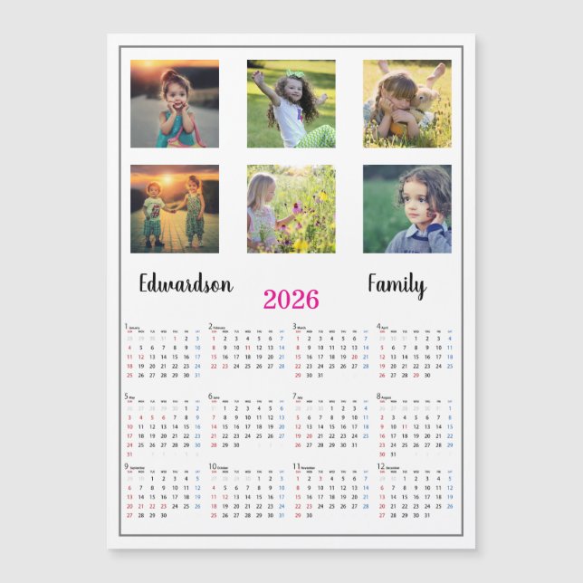 Carte Magnétique Modern family photo collage magnetic 2026 calendar (Devant)