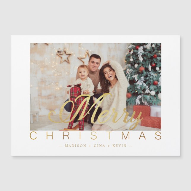 Carte Magnétique Modern Minimalist Merry Christmas Photo Family (Devant)