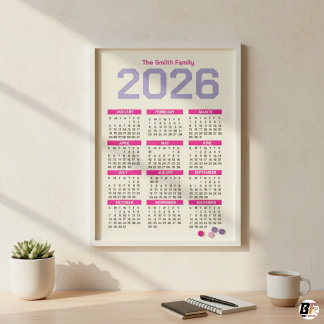 Carte Magnétique Modern Pink and Purple 2026 Yearly Family Calendar