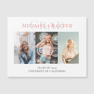 Carte Magnétique Moderne Trois Photo Collage Pink Graduation