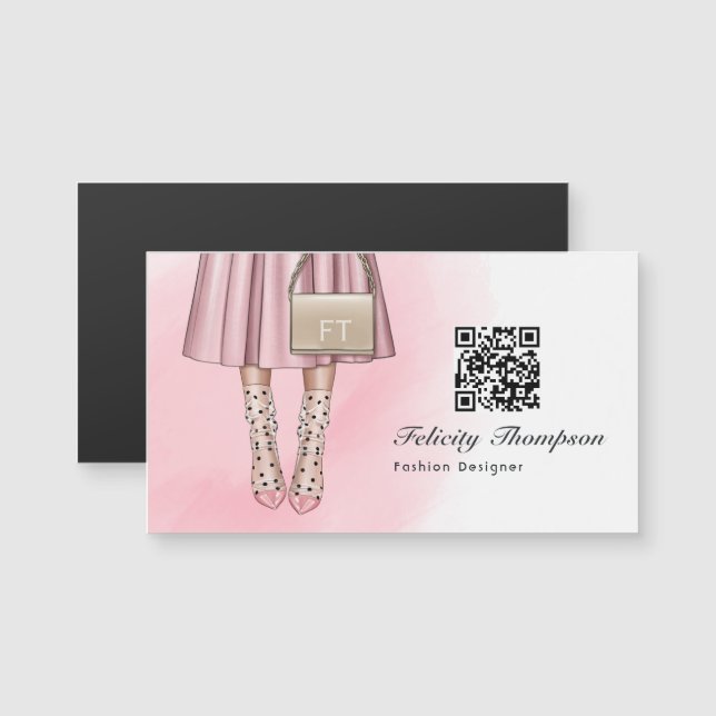 Carte Magnétique Monogramme de créateur de mode rose QR Code (Devant / Derrière)