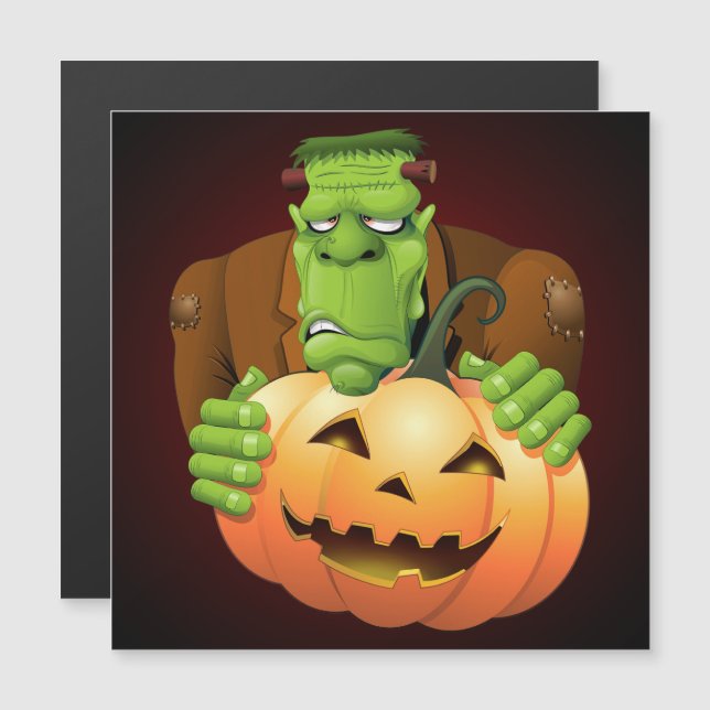 Carte Magnétique Monstre de Frankenstein Dessin Animé avec Citrouil (Devant / Derrière)