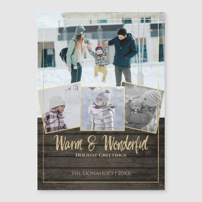 Carte Magnétique Mountain Lodge Rustic Wood et Gold Quad Photo (Devant)