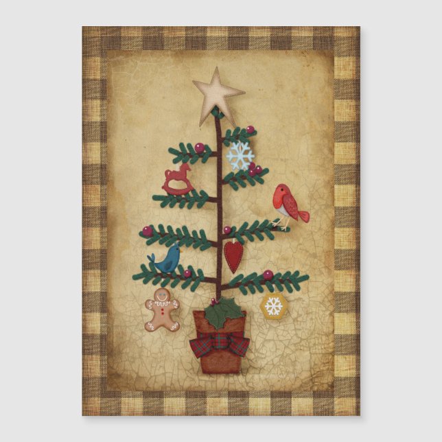 Carte Magnétique Noël | Arbre d'art populaire et ornements de feutr (Devant)