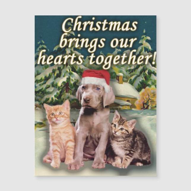 Carte Magnétique Noël réunit notre chaton de chiot de coeurs (Devant)