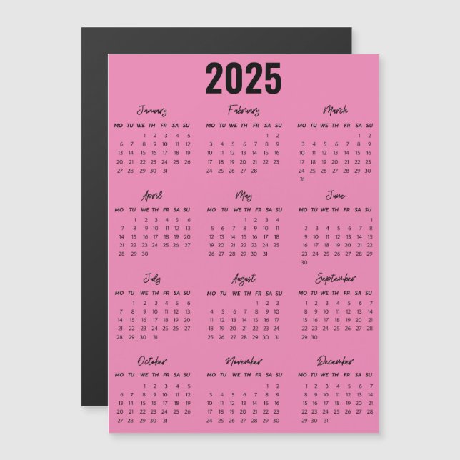 Carte Magnétique Noir moderne Blanc 2025 Calendrier Pleine Année Vu (Devant / Derrière)