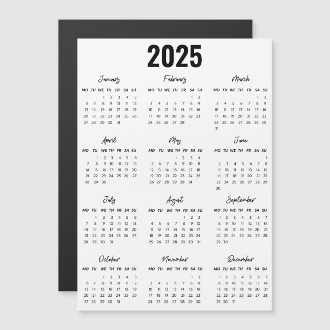 Carte Magnétique Noir moderne Blanc 2025 Calendrier Pleine Année Vu (Devant / Derrière)