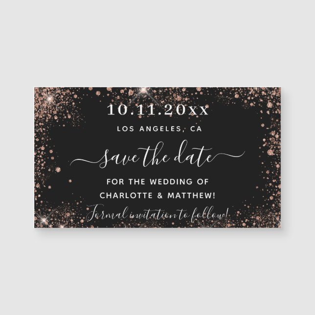 Carte Magnétique Noir rose mariage or enregistrer la date aimant (Devant)