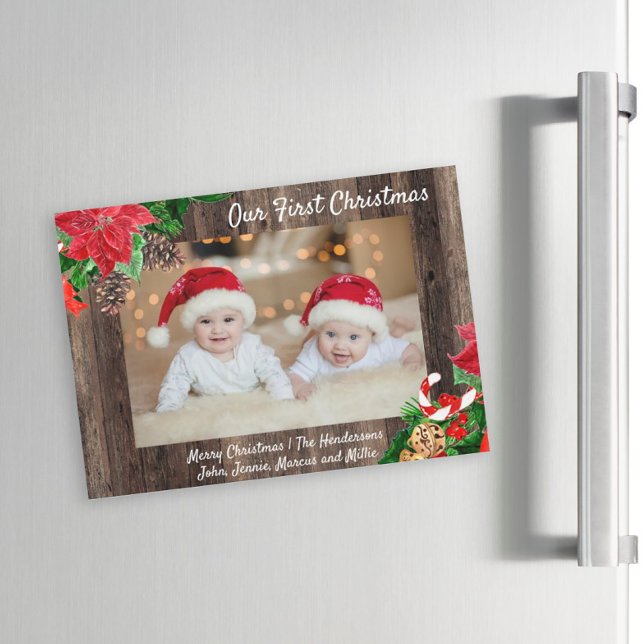 Carte Magnétique Nos premiers jumeaux de Noël Photo Bois rustique (Créateur téléchargé)