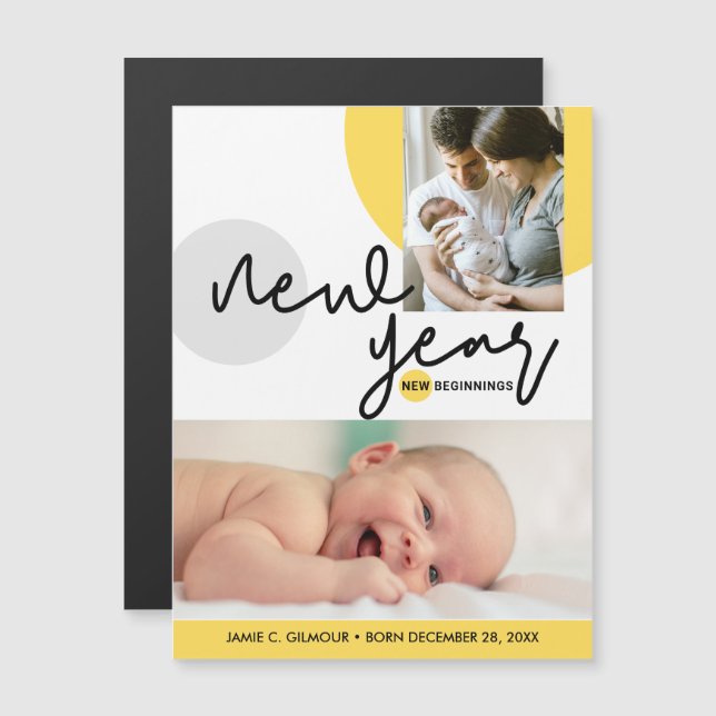 Carte Magnétique Nouvel an Nouvel anniversaire Photo Bébé gris jaun (Devant / Derrière)