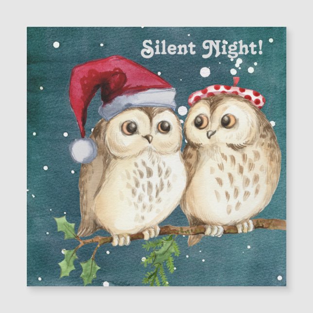 Carte Magnétique Nuit silencieuse Paire de Noël des Chouettes prête (Devant)
