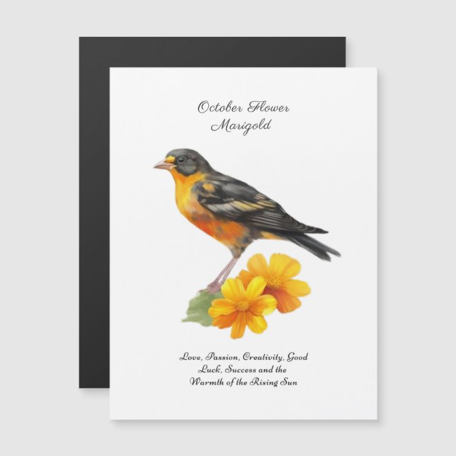 Carte Magnétique Octobre Fleur Marigold et naissance d'oiseaux (Devant / Derrière)
