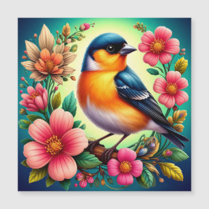 Carte Magnétique Oiseau perché parmi des fleurs colorées