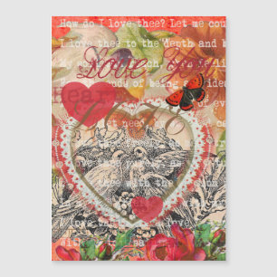 Carte Magnétique Oiseaux de l'amour Cœur Rouge Collage d'art