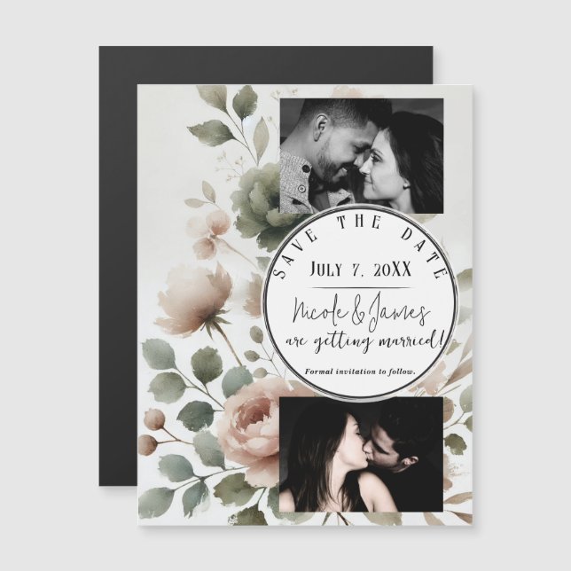 Carte Magnétique Olive Dusty & Aquarelle rose Floral Enregistrer la (Devant / Derrière)