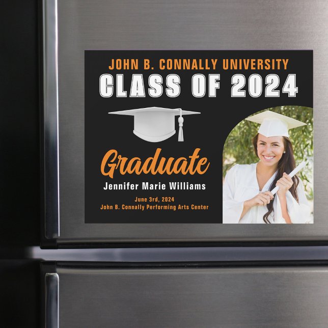 Carte magnétique Orange Black Graduate Photo Gradu (Créateur téléchargé)