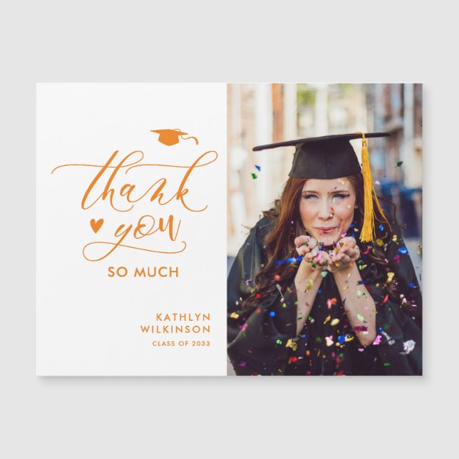 Carte Magnétique Orange Élégant Script Simple Merci de graduation (Devant)