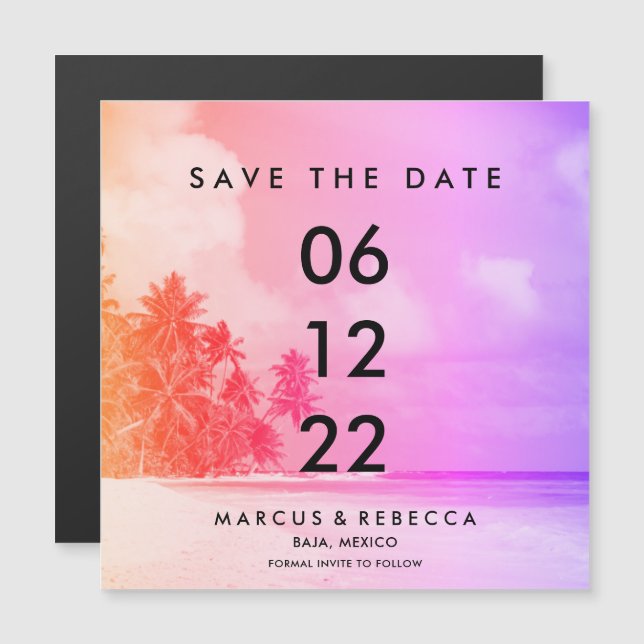 Carte Magnétique Palm Tree Sunset Pink Beach Mariage Enregistrer Da (Devant / Derrière)