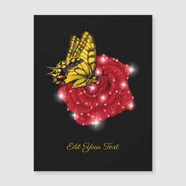 Carte Magnétique Papillon sur rose rouge avec étoiles et gouttes de (Devant)