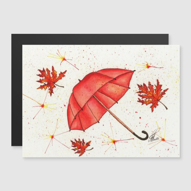 Carte Magnétique Parapluie rouge vif et aquarelle feuille rouge (Devant / Derrière)