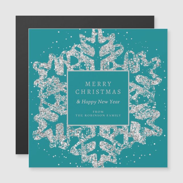 Carte Magnétique Parties scintillant de Noël Argent Snowflake Entre (Devant / Derrière)