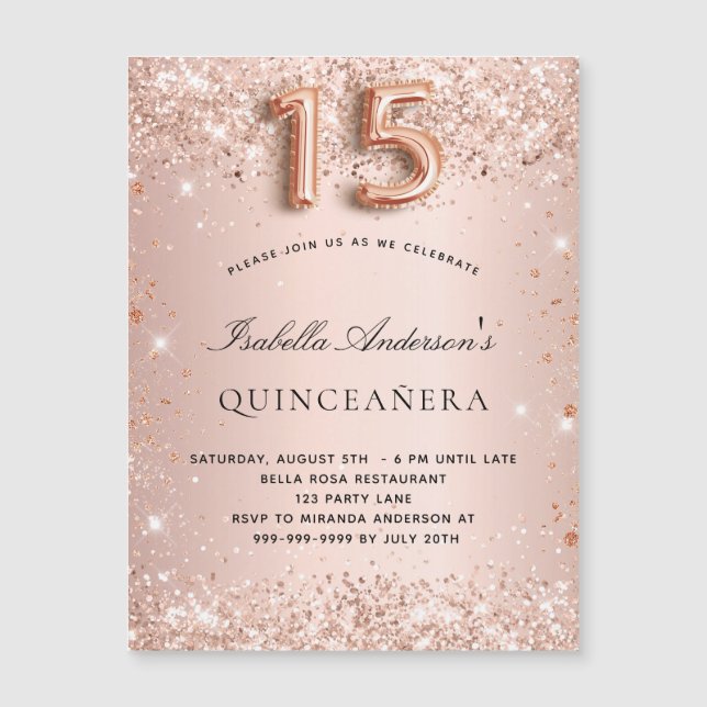 Carte Magnétique Parties scintillant d'or rose Quinceanera invitati (Devant)