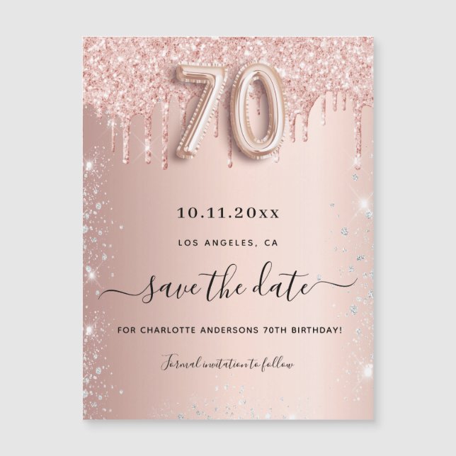 Carte Magnétique parties scintillant rose de 70e anniversaire enreg (Devant)