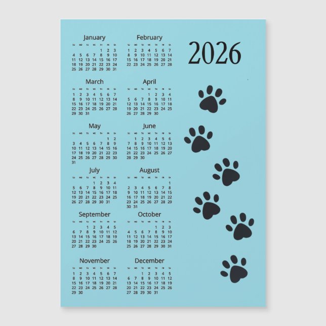 Carte Magnétique Pawprints Design 2026 Calendar Magnetic Card (Devant)
