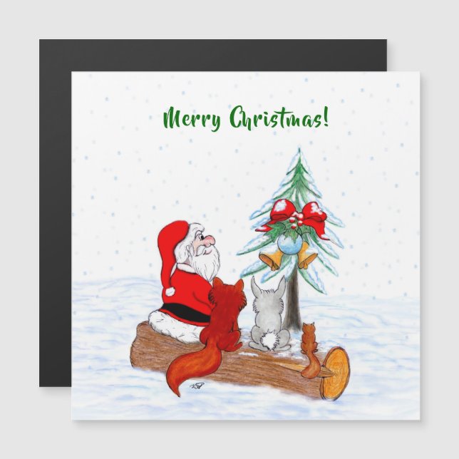 Carte Magnétique Père Noël avec Renard de lapin et écureuil (Devant / Derrière)