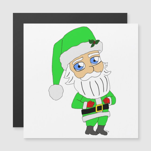 Carte Magnétique Père Noël en costume vert chibi (Devant / Derrière)
