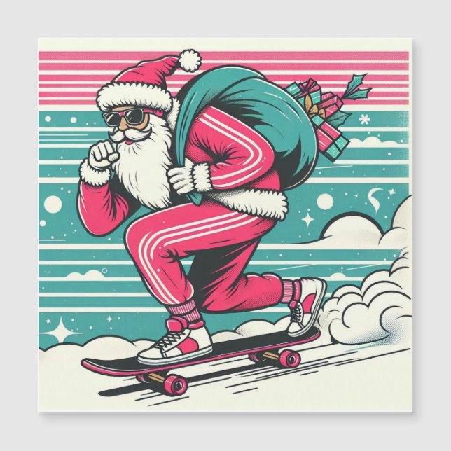 Carte Magnétique Père Noël en skateboard (Devant)