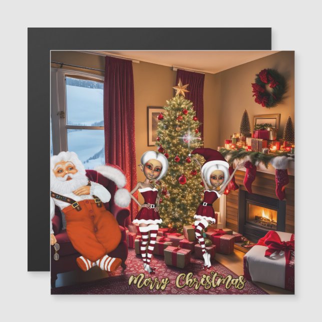 Carte Magnétique Père Noël et elfes après le travail. (Devant / Derrière)