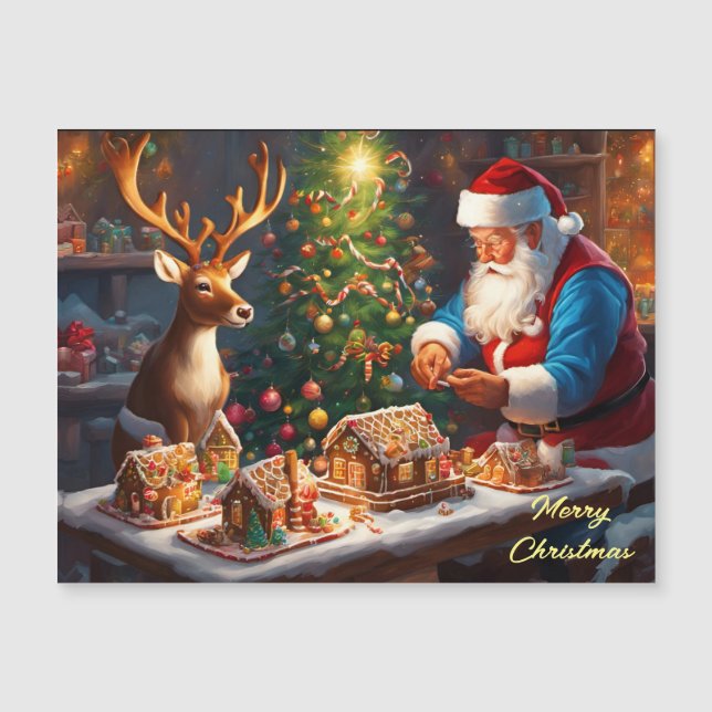 Carte Magnétique Père Noël et rennes font maison de pain d'épices (Devant)