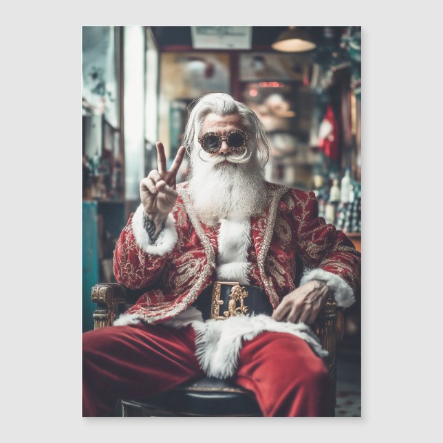 Carte Magnétique Père Noël Hipster frappe une pose Paix Vacances Vi (Devant)