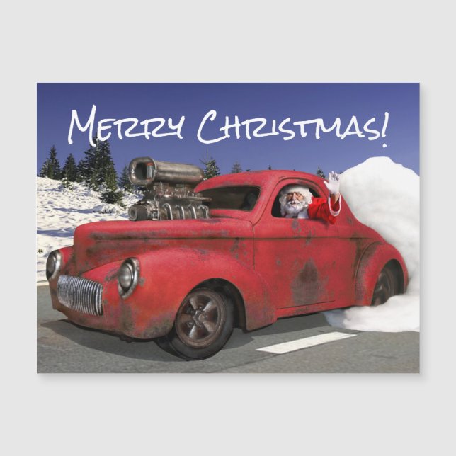 Carte Magnétique père Noël Waving Driving Old 1941 Rusty Hotrod Cou (Devant)