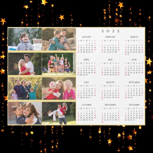 Carte Magnétique Personnalisé 8 Collage de photos Famille 2025 Cale (Personalized 8 Photo Collage Family 2025 Calendar)