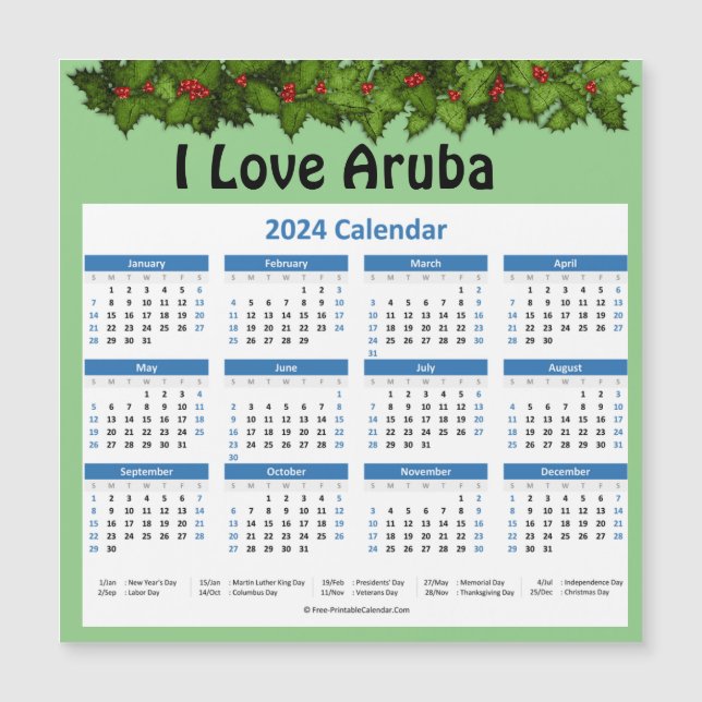 Carte Magnétique Petit calendrier magnétique 2024 d'Aruba (Devant)