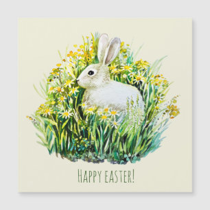 Carte Magnétique Petit lapin blanc et fleurs