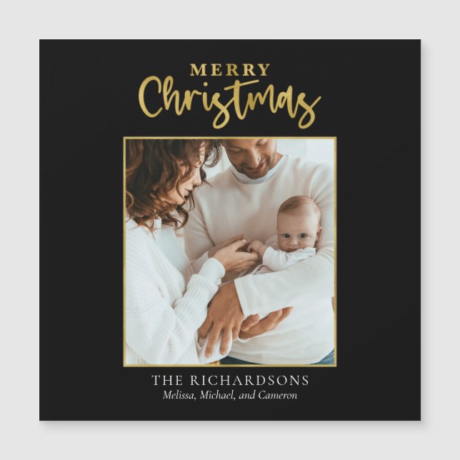 Carte Magnétique Photo Christmas Gold Foil Script Famille moderne (Devant)