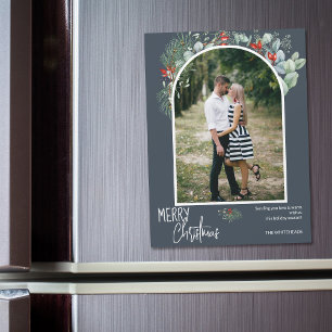 Carte Magnétique Photo de Noël Moderne Arch Verdure Bleu Poussiéreu