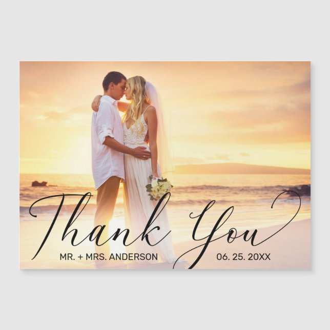 Carte magnétique photo mariage Merci Élégant Scrip (Devant)