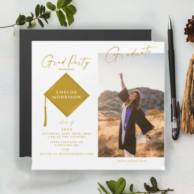 Carte Magnétique Photo moderne Gold Grad Party Magnetic Invite (Créateur téléchargé)