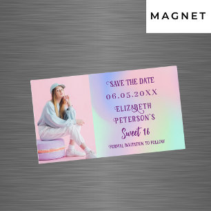 Carte Magnétique Photo rose holographique Sweet 16 Enregistrer la d