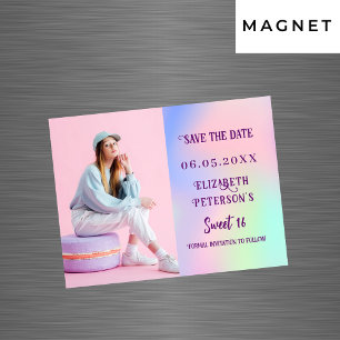 Carte Magnétique Photo rose holographique Sweet 16 Enregistrer la d