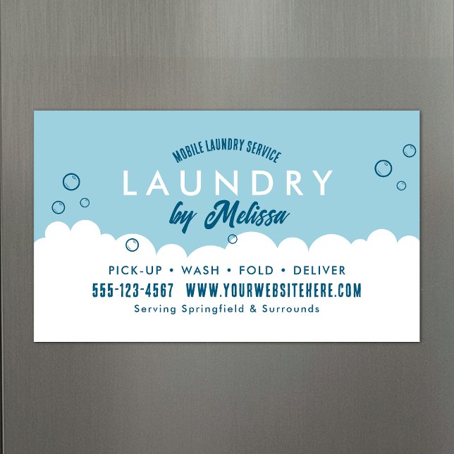 Carte Magnétique Pick-Up Laundry Service Blue & White Magnetic Card (Promotional laundry service magnetic business cards in blue and white)