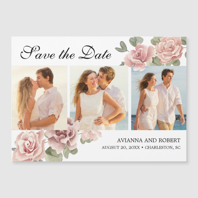 Carte Magnétique Pink Floral 3 Mariage photo magnétique Enregistrer (Devant)